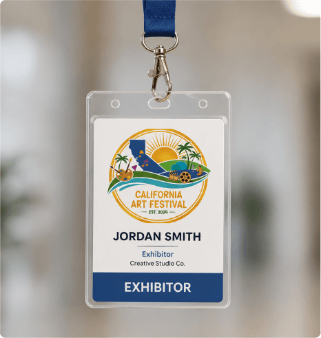 Hanging exhibitor badge on a lanyard