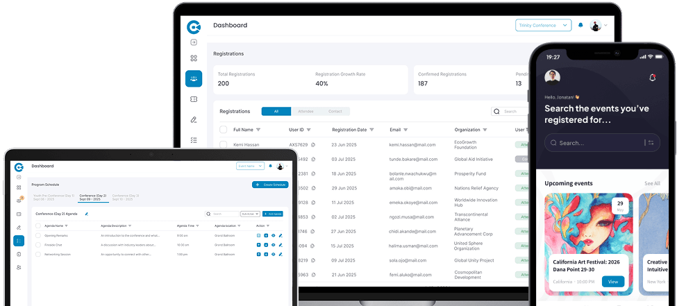 Onevie event management dashboard and attendee mobile app