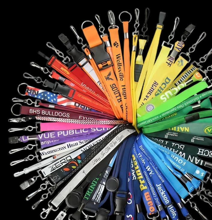 Colorful assortment of branded event lanyards fanned out