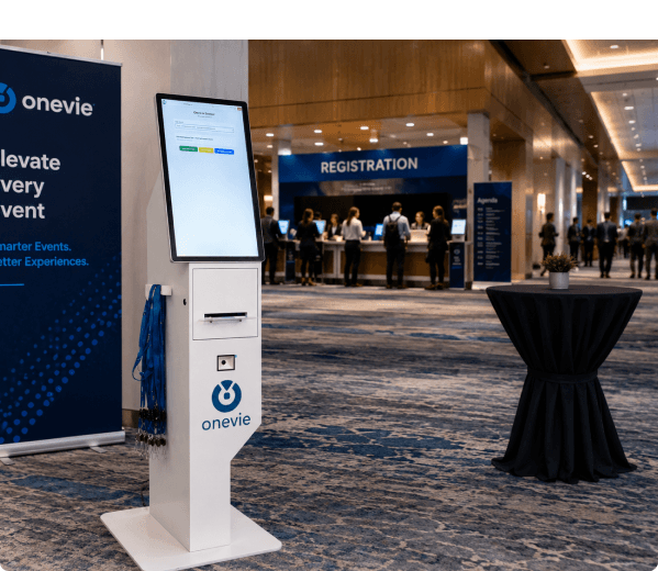 Onevie Model K freestanding check-in kiosk at a conference